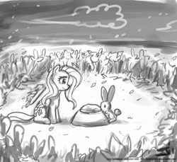 Size: 800x733 | Tagged: safe, artist:johnjoseco, angel bunny, fluttershy, pegasus, pony, crossover, female, grayscale, mare, monochrome, okami, sitting