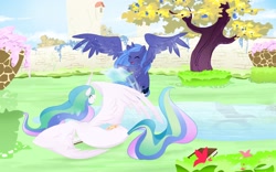 Size: 2400x1500 | Tagged: safe, artist:bigbuxart, princess celestia, princess luna, alicorn, pony, book, cute, eyes closed, female, filly, flower, garden, on side, playing, s1 luna, sisters, spread wings, water, wings, woona