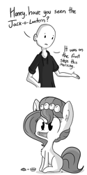 Size: 806x1612 | Tagged: safe, artist:tjpones, oc, oc only, oc:brownie bun, oc:richard, earth pony, human, pony, horse wife, chest fluff, clothes, comic, cute, ear fluff, eating, grayscale, herbivore, hoodie, horses doing horse things, jack-o-lantern, monochrome, nom, ocbetes, pumpkin, sitting, tumblr