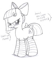 Size: 2200x2500 | Tagged: safe, artist:an-tonio, limestone pie, earth pony, pony, angry, blushing, bow, clothes, cute, dialogue, embarrassed, female, hair bow, implied pinkie pie, limabetes, limetsun pie, mare, monochrome, open mouth, ribbon, socks, solo, striped socks, tail bow, traditional art, tsundere