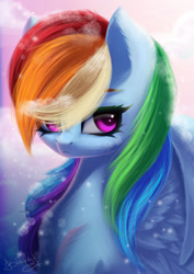 Size: 1500x2123 | Tagged: safe, artist:bastet-catmew, derpibooru import, rainbow dash, pegasus, pony, bust, portrait, solo, winter