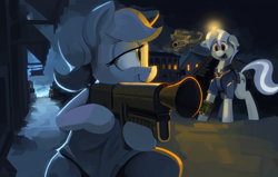 Size: 6297x4013 | Tagged: safe, artist:dimfann, oc, oc only, oc:leaky faucet, oc:plum pudding, fallout equestria, fallout equestria: the things we've handed down, absurd resolution, clothes, crying, dress, duo, floppy ears, grenade launcher, gun, looking at each other, magic, pipbuck, pistol, sad, scenery, smiling, telekinesis, town, vault suit, weapon