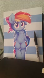 Size: 2322x4128 | Tagged: safe, artist:heavymetalbronyyeah, rainbow dash, pegasus, pony, semi-anthro, belly button, bipedal, both cutie marks, cute, dashabetes, female, looking at you, mare, photo, ribbon, solo, traditional art