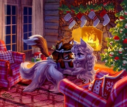 Size: 2067x1743 | Tagged: safe, artist:holivi, derpibooru import, oc, oc only, fox pony, original species, pony, christmas, christmas tree, commission, cuddling, eye contact, female, fireplace, holiday, kitsune pony, lesbian, looking at each other, mare, multiple tails, oc x oc, prone, shipping, smiling, tree