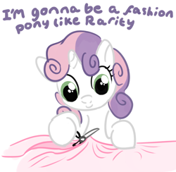 Size: 662x647 | Tagged: safe, artist:pixelfyxe, sweetie belle, pony, unicorn, fabric, female, filly, scissors, simple background, solo