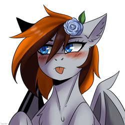 Size: 2300x2300 | Tagged: safe, artist:serodart, derpibooru import, oc, bat pony, pony, bat pony oc, ear fluff, flower, flower in hair, rose, shy, solo, tongue out