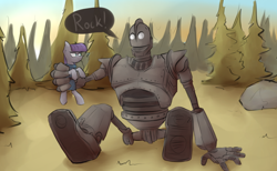 Size: 1280x786 | Tagged: safe, artist:marsminer, maud pie, earth pony, pony, robot, crossover, forest, rock, the iron giant