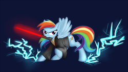 Size: 1300x734 | Tagged: safe, artist:zombiethegreat, rainbow dash, pegasus, pony, clothes, female, lightning, lightsaber, mare, mouth hold, robe, solo, star wars