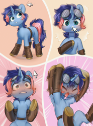 Size: 2901x3921 | Tagged: safe, artist:aphphphphp, derpibooru import, oc, oc only, oc:ryo, pony, unicorn, armpits, belt, blushing, boop, boots, comic, cursor, cute, digital art, female, goggles, high res, mare, shoes, solo