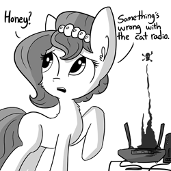 Size: 806x806 | Tagged: safe, artist:tjpones, oc, oc only, oc:brownie bun, earth pony, pony, horse wife, grayscale, monochrome, router, skull, smoke, solo, tumblr
