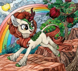 Size: 791x720 | Tagged: safe, artist:red-watercolor, derpibooru import, autumn blaze, kirin, sounds of silence, apple, cloud, female, food, fruit, leaves, rainbow, solo, sun, traditional art, tree