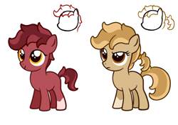 Size: 1100x768 | Tagged: safe, artist:deserter, derpibooru exclusive, oc, oc only, oc:peanut toffy, oc:raspberry toffy, earth pony, pony, blank flank, explicit description, female, filly, fraternal twins, ponytail, raised eyebrow, scrunchie, short hair, short tail, siblings, simple background, sisters, socks (coat marking), tomboy, twin sisters, twins, white background