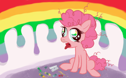 Size: 1640x1024 | Tagged: safe, artist:bitterjitters, pinkie pie, earth pony, pony, abstract background, crayon, crayons, drugs, female, filly, foal, high, junkie pie, melting, open mouth, rainbow, razor blade, sitting, solo