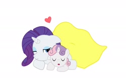 Size: 1660x1028 | Tagged: safe, artist:buckheadgar, rarity, sweetie belle, pony, unicorn, blanket, female, filly, heart, mare, simple background, sleeping, white background