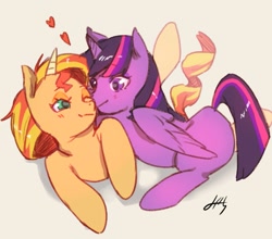 Size: 1213x1068 | Tagged: safe, artist:idolize_341, derpibooru import, sunset shimmer, twilight sparkle, twilight sparkle (alicorn), alicorn, pony, unicorn, female, lesbian, mare, missing cutie mark, shipping, sunsetsparkle