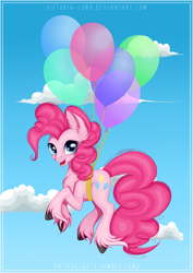 Size: 3507x4960 | Tagged: safe, artist:victoria-luna, derpibooru import, pinkie pie, pony, balloon, female, floating, looking at you, mare, solo, then watch her balloons lift her up to the sky, unshorn fetlocks