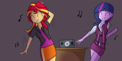 Size: 1099x550 | Tagged: safe, artist:tjpones, sci-twi, sunset shimmer, twilight sparkle, equestria girls, friendship games, clothes, crystal prep academy uniform, dancing, music, music notes, school uniform