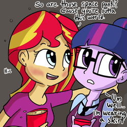 Size: 825x825 | Tagged: safe, artist:tjpones, sci-twi, sunset shimmer, twilight sparkle, equestria girls, friendship games, adorkable, blushing, clothes, crystal prep academy uniform, cute, dork, drunk, drunker shimmer, female, lesbian, pickup lines, school uniform, scitwishimmer, shipping, sunsetsparkle, uncomfortable