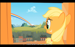 Size: 1024x640 | Tagged: safe, screencap, applejack, earth pony, pony, the cutie mark chronicles, female, filly, harsher in hindsight, rainbow, solo, war, youtube, youtube caption