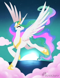 Size: 520x668 | Tagged: safe, artist:seagerdy, princess celestia, alicorn, pony, cloud, cloudy, cute, cutelestia, eyes closed, female, flying, mare, smiling, solo, spread wings, sun