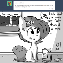 Size: 806x806 | Tagged: safe, artist:tjpones, oc, oc only, oc:brownie bun, earth pony, pony, horse wife, cute, everything is ruined, food, grayscale, monochrome, mushroom cloud, peanut butter, pure unfiltered evil, solo, you had one job