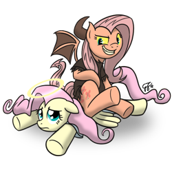 Size: 768x768 | Tagged: safe, artist:glancojusticar, fluttershy, angel, pegasus, pony, clothes, devil, devilshy, duality, female, halo, horn, mare, shoulder angel, shoulder devil, solo