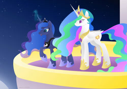 Size: 1280x906 | Tagged: safe, artist:lavenderrain24, derpibooru import, princess celestia, princess luna, alicorn, pony, crown, female, jewelry, mare, regalia, royal sisters, smiling