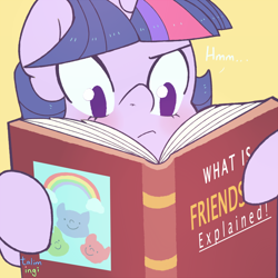 Size: 1000x1000 | Tagged: safe, artist:talim_stuff, derpibooru import, twilight sparkle, pony, book, female, friendship, hoof hold, mare, reading, signature, solo