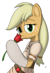 Size: 277x400 | Tagged: safe, artist:tg-0, applejack, earth pony, pony, semi-anthro, clothes, dress, female, simple background, solo, tulip, white background