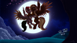 Size: 3000x1686 | Tagged: safe, artist:reptilianbirds, derpibooru import, oc, pegasus, pony, duo, full moon, kissing, leg fluff, male, moon, night, night sky, oc x oc, shipping, sky, spread wings, stallion, unshorn fetlocks, wings