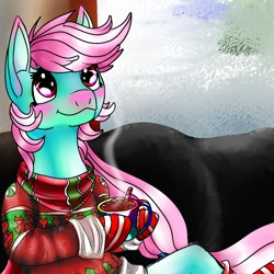 Size: 1024x1024 | Tagged: safe, artist:brainiac, minty, earth pony, pony, g3, blushing, bust, chocolate, christmas, clothes, cold, cute, female, food, g3betes, hot chocolate, mare, mintabetes, mug, scarf, snow, socks, sofa, ugly christmas sweater