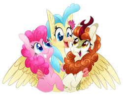 Size: 1622x1257 | Tagged: safe, artist:cartoonboyfriends, derpibooru import, autumn blaze, pinkie pie, princess skystar, classical hippogriff, earth pony, hippogriff, pony, my little pony: the movie, sounds of silence, autumnpie, autumnstar, awwtumn blaze, cute, female, hug, lesbian, polyamory, polygamy, shipping, skypie, skypieblaze