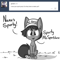 Size: 726x726 | Tagged: safe, artist:tjpones, oc, oc only, oc:sporty mcsportshorse, ask, dialogue, grayscale, hat, monochrome, solo, sports, that pony sure does love sports, tumblr
