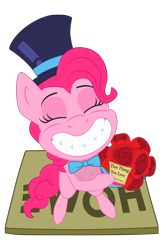 Size: 2000x3000 | Tagged: safe, artist:hotkinkajou, artist:lalieri, pinkie pie, earth pony, pony, bowtie, doormat, grin, hat, simple background, smiling, solo, standing, top hat, transparent background, vector