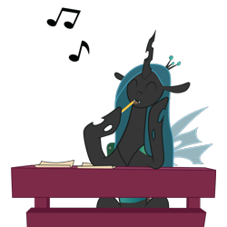 Size: 1000x1000 | Tagged: safe, artist:hotkinkajou, artist:lalieri, queen chrysalis, changeling, changeling queen, cute, cutealis, dork, dorkalis, music notes, pencil, simple background, sitting, solo, transparent background, whistling