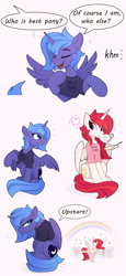 Size: 1250x2715 | Tagged: safe, artist:yakovlev-vad, derpibooru import, princess celestia, princess luna, alicorn, pony, alternate hair color, best pony, clothes, comic, cross-popping veins, cute, cutelestia, dialogue, female, lunabetes, mare, offscreen character, rainbow, royal sisters, s1 luna, shirt, sibling rivalry, sisters, speech bubble, younger