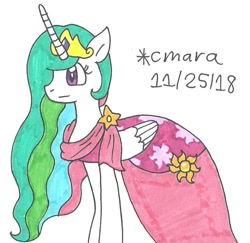 Size: 959x932 | Tagged: safe, artist:cmara, derpibooru import, princess celestia, alicorn, pony, clothes, dress, solo, traditional art