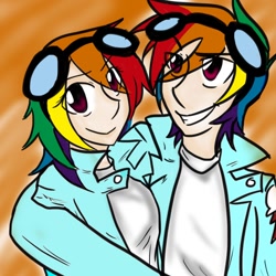 Size: 1110x1110 | Tagged: safe, artist:lenelricshionvlad, rainbow blitz, rainbow dash, human, abstract background, female, goggles, hug, humanized, male, rule 63, self paradox, smiling