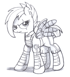 Size: 2000x2200 | Tagged: safe, artist:an-tonio, rainbow dash, pegasus, pony, the cutie re-mark, alternate timeline, apocalypse dash, clothes, crystal war timeline, monochrome, scar, solo, traditional art, uniform