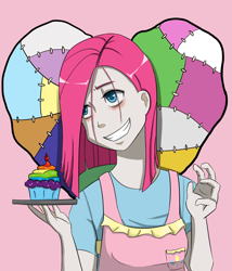 Size: 1200x1400 | Tagged: safe, artist:milkman213, pinkie pie, human, fanfic:cupcakes, cupcake, female, grin, humanized, pinkamena diane pie, rainbow cupcake, smiling, solo