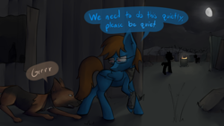 Size: 3000x1687 | Tagged: safe, artist:marsminer, oc, oc only, oc:sunnyside, dog, earth pony, pony, dialogue, dogmeat, fallout, female, fire, growling, mare, moon, night, pipbuck, raiders, sneaking