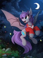 Size: 1760x2370 | Tagged: safe, artist:yakovlev-vad, derpibooru import, oc, oc only, oc:andromeda galaktika, bat pony, pony, bat pony oc, clothes, crescent moon, female, flying, moon, night, solo