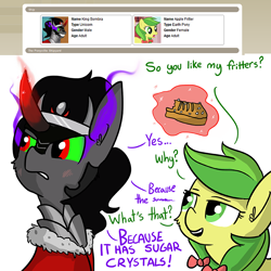 Size: 792x792 | Tagged: safe, artist:tjpones, apple fritter, king sombra, pony, apple family member, apple fritter (food), blushing, crack shipping, crystal, cute, female, food, male, shipping, shipping generator, sombradorable, sombritter, straight, tsundere