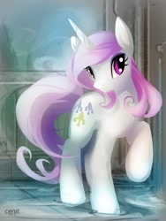 Size: 825x1100 | Tagged: safe, artist:cenit-v, fleur-de-lis, pony, unicorn, female, looking at you, mare, raised hoof, smiling, solo