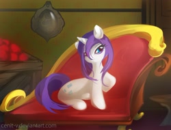 Size: 1150x875 | Tagged: safe, artist:cenit-v, rarity, pony, unicorn, fainting couch, female, mare, sitting, sofa, solo, wet, wet mane, wet mane rarity