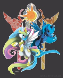 Size: 1300x1600 | Tagged: safe, artist:cenit-v, princess celestia, princess luna, alicorn, pony, female, flying, mare, s1 luna