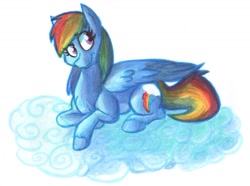 Size: 1280x951 | Tagged: safe, artist:frankiweaselpants, derpibooru import, rainbow dash, pegasus, pony, cloud, cute, dashabetes, looking at something, lying on a cloud, simple background, smiling, traditional art