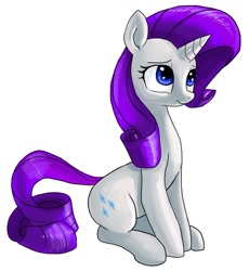 Size: 790x859 | Tagged: safe, artist:yoditax, rarity, pony, unicorn, curly tail, ear fluff, female, looking up, mare, purple mane, purple tail, simple background, sitting, solo, white background, white coat