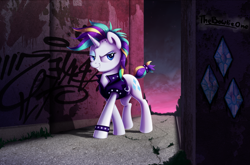 Size: 2983x1964 | Tagged: safe, artist:thebowtieone, derpibooru import, rarity, pony, unicorn, it isn't the mane thing about you, alternate hairstyle, clothes, cute, cutie mark, dreamworks face, graffiti, punk, raribetes, raripunk, rarity's cutie mark, smiling, solo