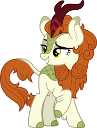 Size: 3500x4634 | Tagged: safe, artist:aeonkrow, derpibooru import, autumn blaze, kirin, sounds of silence, absurd resolution, cloven hooves, female, lidded eyes, raised eyebrow, raised hoof, simple background, smiling, solo, transparent background, vector